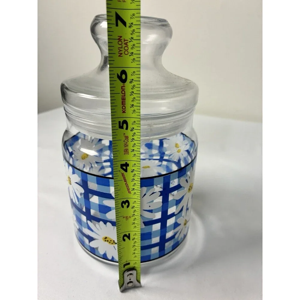 Vintage 70s Style Storage Jar Daisies With Blue Plaid 7” Tall Cottagecore